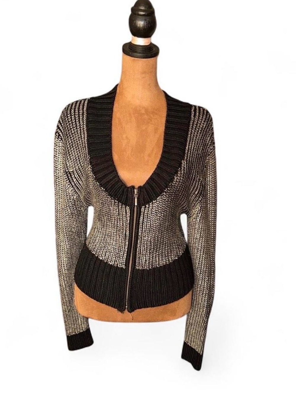 Black and Silver Ribbed Zip-Front Women's Sweater Vena Cava Chainmail Small